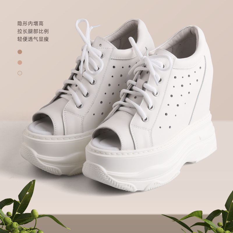 厚底内增高真皮小白鞋女鱼嘴凉鞋