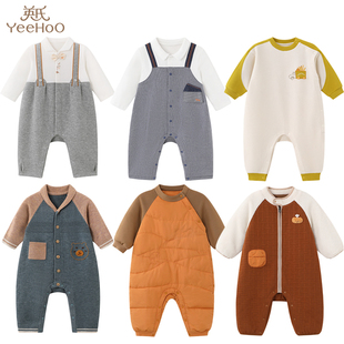 英氏25秋冬款童装婴幼儿衣服男宝宝假2件长袖连体哈衣外出爬服