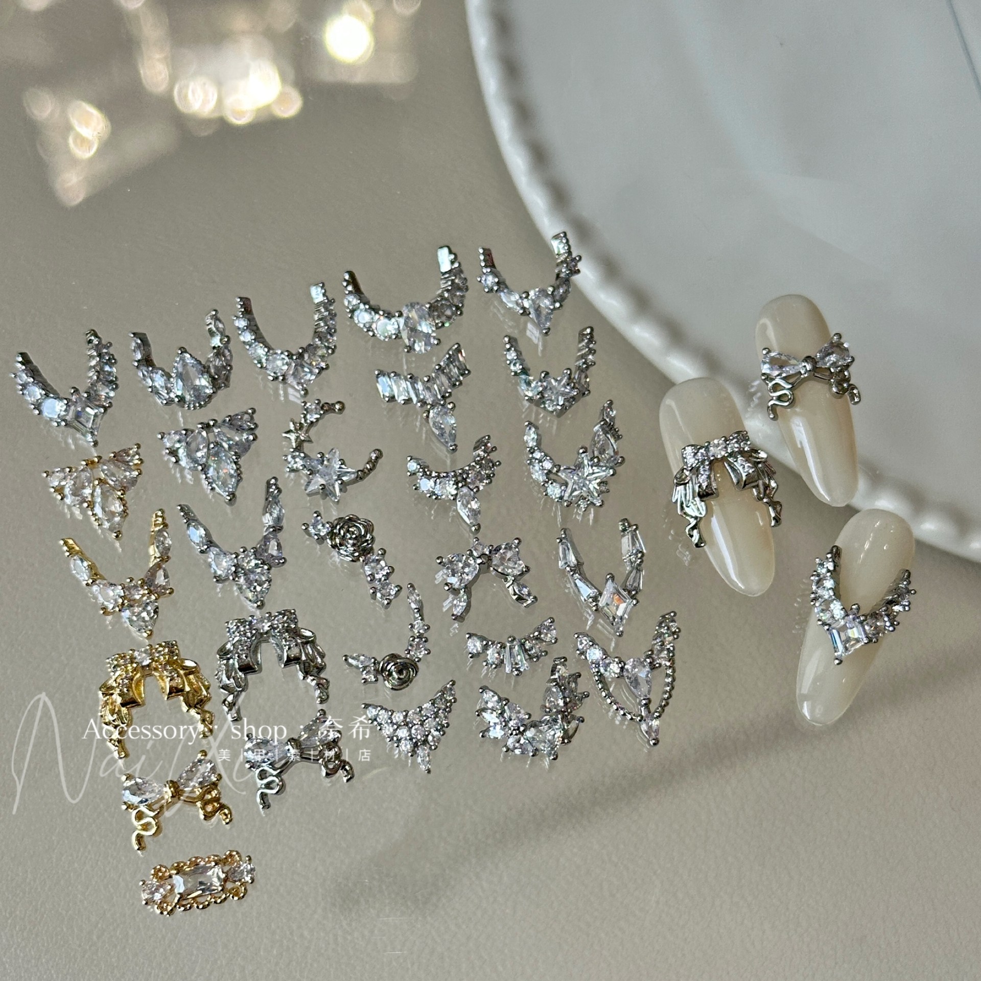 奈希【中古风】古典法式圆弧形满钻锆石美甲饰品微镶保色轻奢钻饰