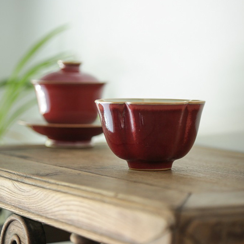 景德镇谢小金豇豆红大葵口茶杯手工汝瓷开片茶具主人杯单杯大号