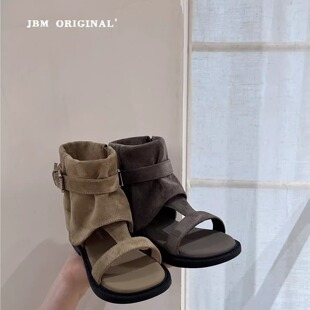 JBM 夏季儿童高帮罗马凉鞋韩版森系女中大童露趾凉靴皮带扣复