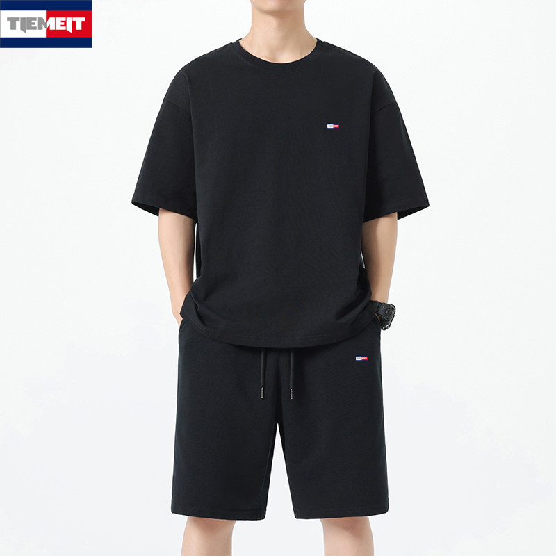 2026新款夏 季汤米男士运动休闲套装圆领短袖两件套透气100%纯棉