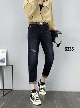 王豪新款老爹牛仔裤女秋2021网红高腰哈伦小脚裤BF宽松九分裤垮裤