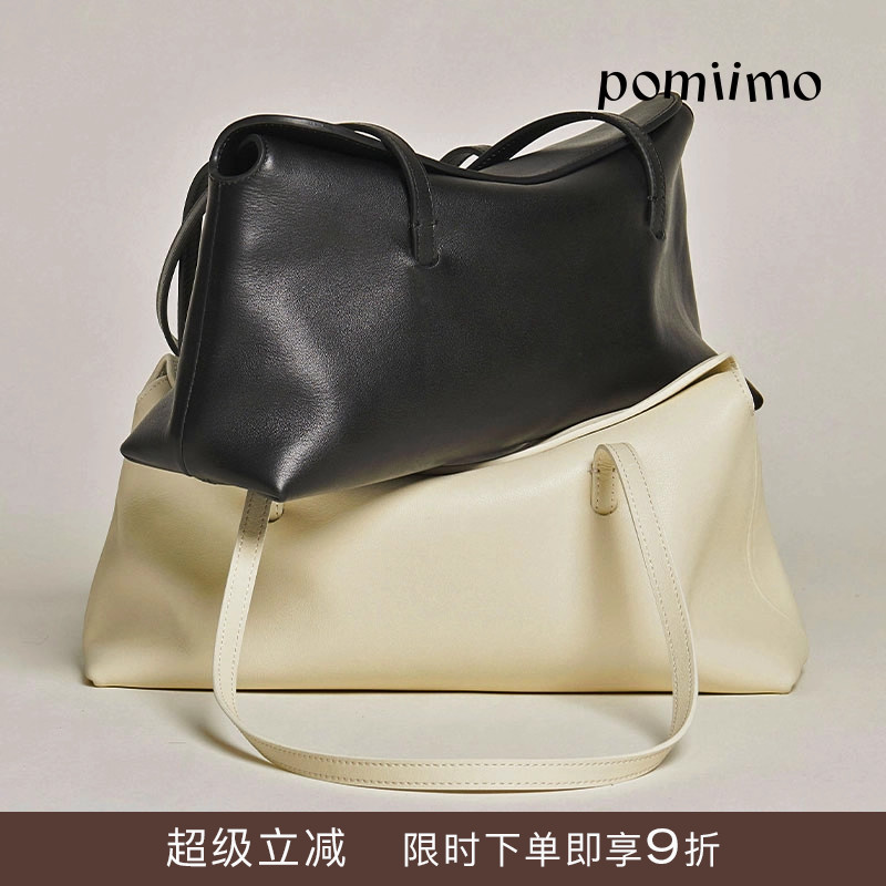 Pomiimo 牛皮真皮简约通勤百搭波士顿包腋下包法棍包翻盖包单肩包