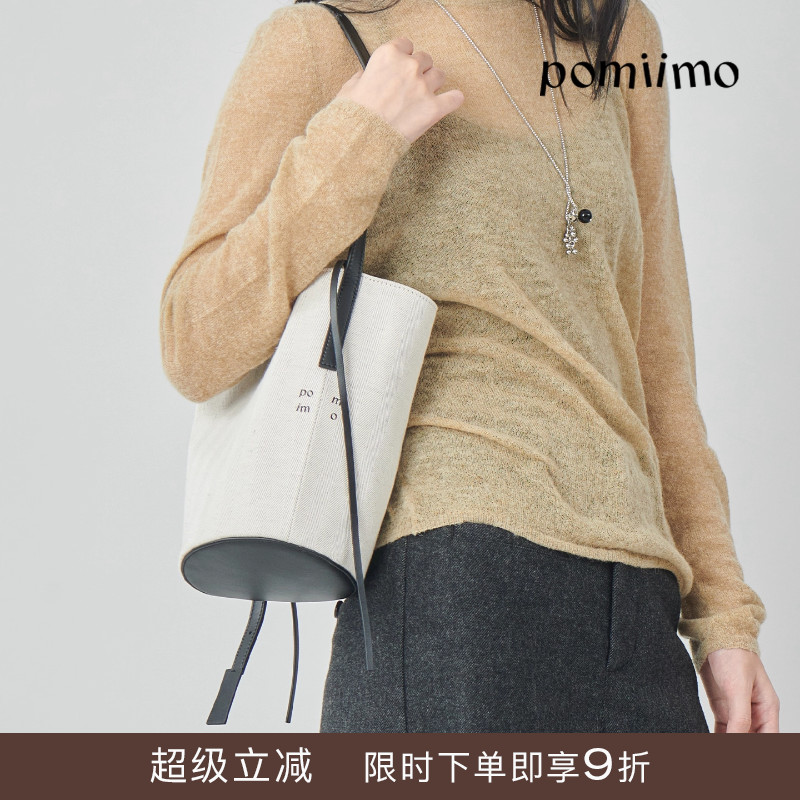 Pomiimo 亚麻棉牛皮气质百搭水桶包单肩手提可斜挎通勤简约女包
