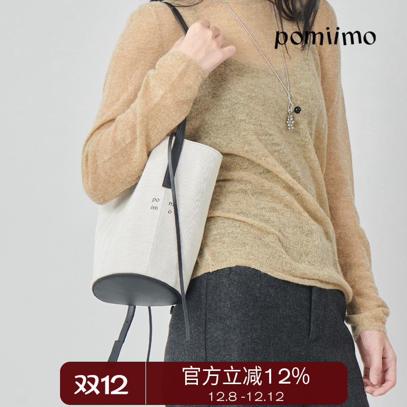Pomiimo 亚麻棉牛皮气质百搭水桶包单肩手提可斜挎通勤简约女包