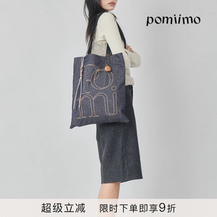 Pomiimo 双面图案AIO大容量百搭旅行通勤字母单肩牛仔帆布包 竖版