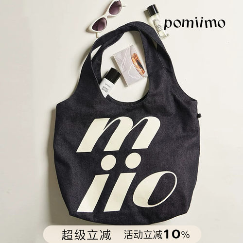 Pomiimo 两面图案不掉色牛仔大容量通勤上学百搭轻便单肩女托特包