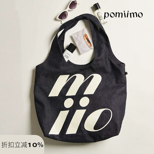 Pomiimo 两面图案不掉色牛仔大容量通勤上学百搭轻便单肩女托特包
