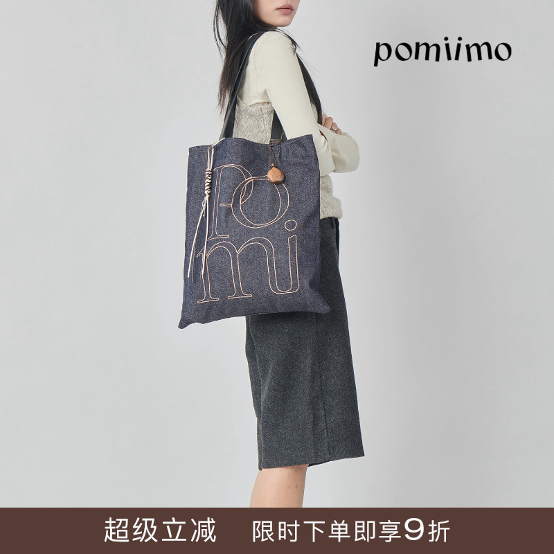 Pomiimo 竖版双面图案AIO大容量百搭旅行通勤字母单肩牛仔帆布包