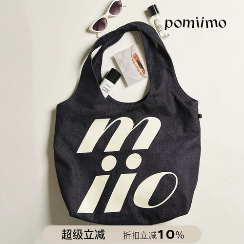 Pomiimo 两面图案不掉色牛仔大容量通勤上学百搭轻便单肩女托特包