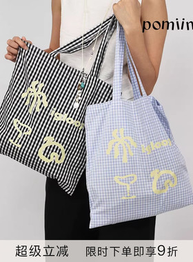 Pomiimo 特别印花系列海边度假可爱图案格子帆布包单肩包