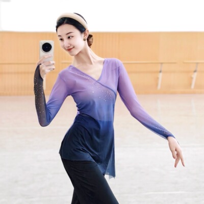 古典舞渐变纱衣身韵练功服中国舞蹈女上衣飘逸艺考班服基训民族舞