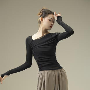 古典舞艺考形体服秋冬现代舞蹈服网纱斜领套装 上衣练功服 长袖