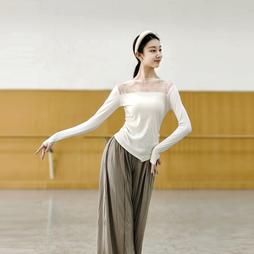 现代舞印花蕾丝拼接修身套指上衣舞蹈服中国舞练功服春夏瑜伽艺考