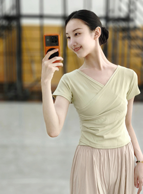 V领短袖练功服现代舞集训服古典舞身韵考级服修身螺纹棉瑜伽服