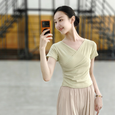 V领短袖练功服现代舞集训服古典舞身韵考级服修身螺纹棉瑜伽服