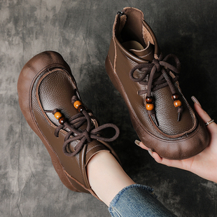 头层牛皮软底妈妈鞋短靴女真皮单靴中老年冬季加绒宽头皮鞋马丁靴