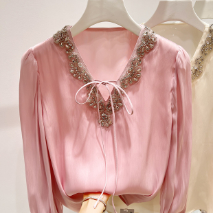 女秋季 2025新款 衬衫 气质显瘦V领镶钻系带纯色套头长袖 上衣 法式