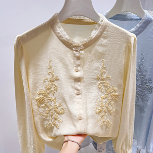 2026新款法式气质显瘦立领花边拼接刺绣钉珠长袖上衣女春薄款上衣