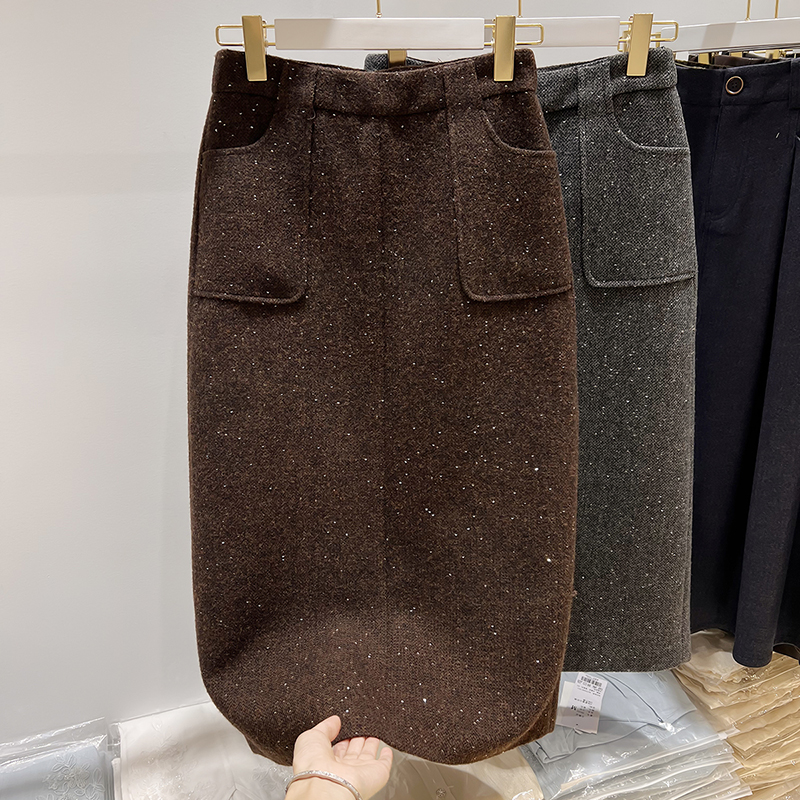 2025新款韩国气质显瘦高腰口袋亮丝拼接加厚中长款呢料半身裙女