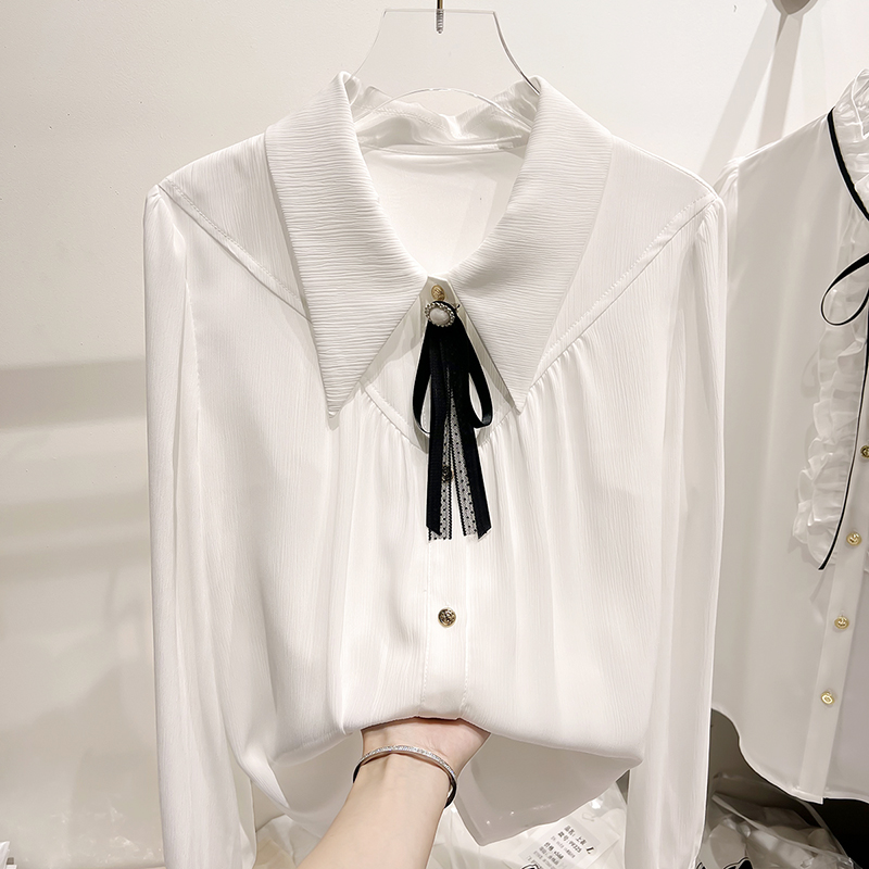 2024新款法式气质翻领装饰可拆卸压皱长袖雪纺衬衫女春季薄款上衣