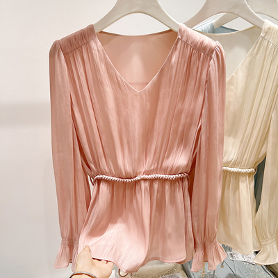 2025新款法式气质V领编织腰带百褶纯色长袖雪纺衬衫女秋薄款上衣