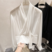 雪纺上衣女秋季 气质显瘦V领不规则飘带纯色套头长袖 法式 2025新款