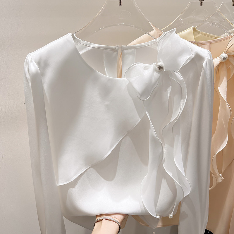 2026新款法式气质显瘦圆领荷叶边拼接系带钉珠套头长袖雪纺衫女春,女装/女士精品,蕾丝衫/雪纺衫,淘宝优惠券,粉丝福利购,淘宝优惠卷