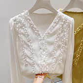 女春季 2026新款 雪纺衫 气质V领蕾丝木耳边单排扣纯色长袖 法式