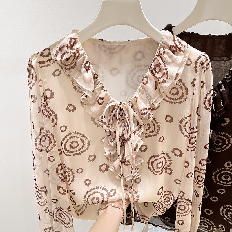 2026新款法式复古V领荷叶边印花系带套头长袖雪纺衫女春薄款上衣