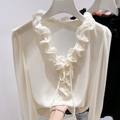 女春季 2026新款 雪纺衫 气质显瘦V领木耳边系带纯色套头长袖 法式