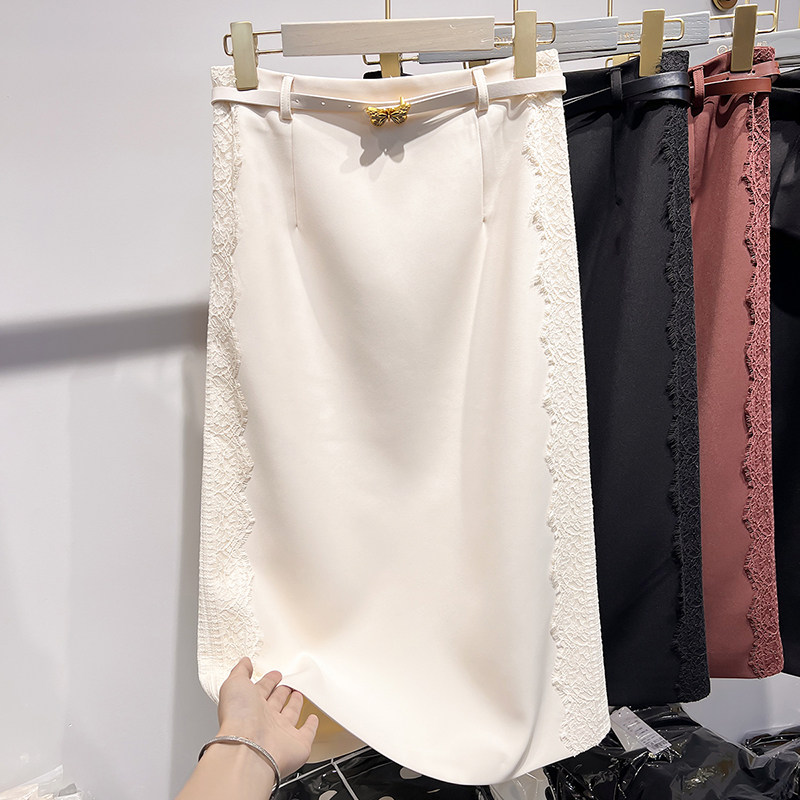 2024新款气质显瘦高腰蕾丝拼接后开叉送腰带中长款半身裙女秋季,女装/女士精品,半身裙,淘宝优惠券,粉丝福利购,淘宝优惠卷