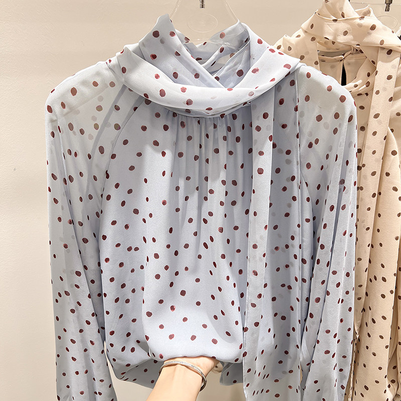 2026新款法式气质显瘦领子系带波点套头长袖雪纺衫女春季薄款上衣,女装/女士精品,蕾丝衫/雪纺衫,淘宝优惠券,粉丝福利购,淘宝优惠卷