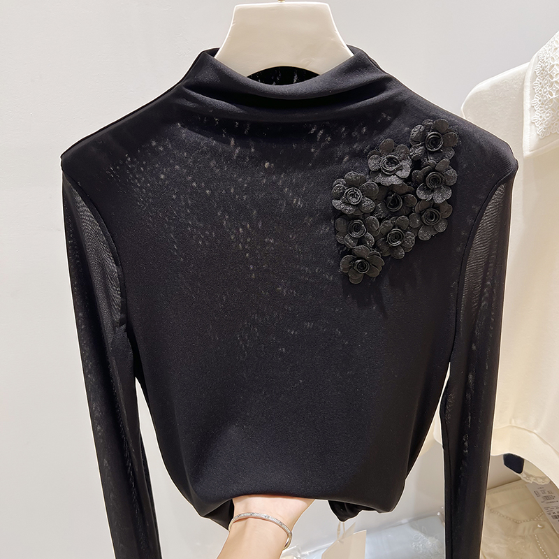 2025新款韩国修身显瘦半高领花朵装饰纯色长袖内搭上衣女秋季