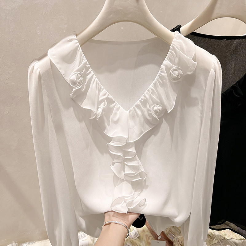 2026新款韩国气质显瘦V领荷叶边花朵拼接纯色套头长袖雪纺衫女春