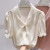 法式 气质显瘦V领欧根纱系带单排扣短袖 雪纺衬衫 2025新款 女夏季