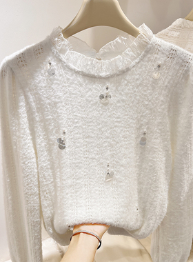 2025新款韩国气质立领木纹边蕾丝拼接钉珠加厚长袖毛绒上衣长女冬