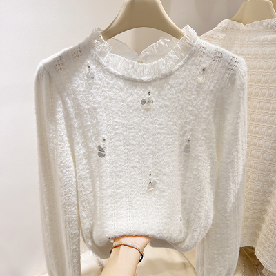 2025新款韩国气质立领木纹边蕾丝拼接钉珠加厚长袖毛绒上衣长女冬