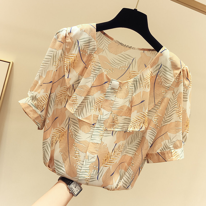 2019夏季新款韓國顯瘦荷葉邊釘珠印花套頭短袖雪紡襯衫女薄款上衣在類目 女裝/女士精品, 蕾絲衫/雪紡衫中 - 來自Buy2taobao.com提供專業的淘寶代購服務