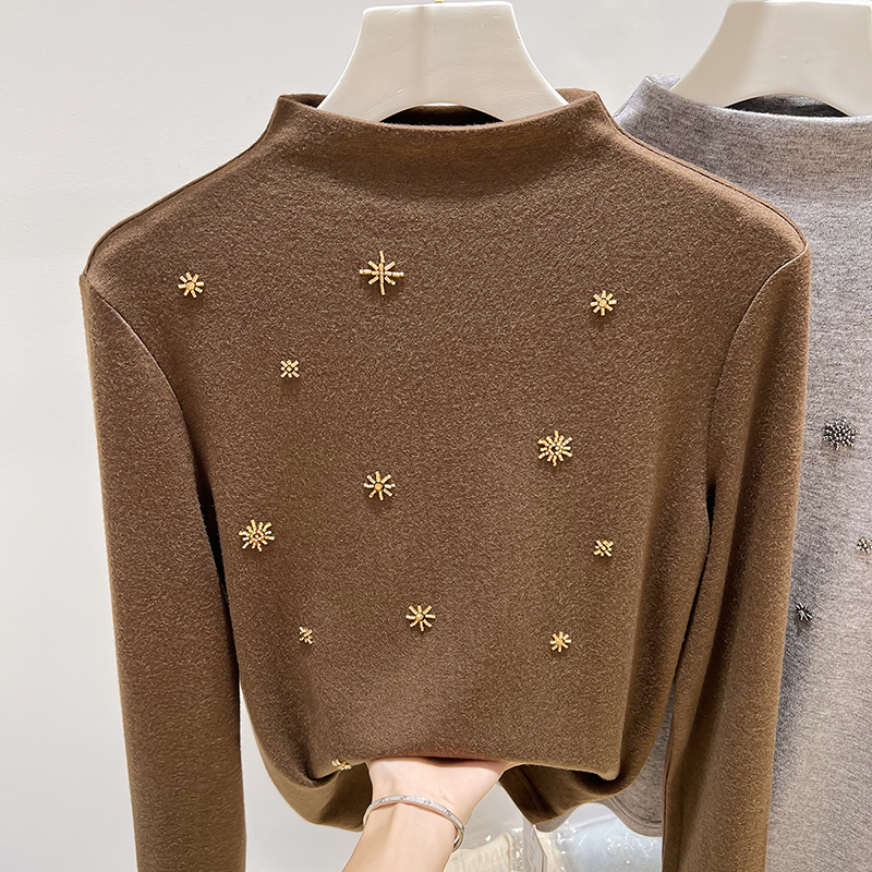 2025新款韩国气质显瘦立领纯色钉珠加厚长袖绒衫打底上衣女秋季