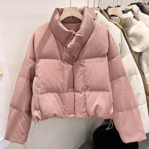 2023新款韩国修身显瘦纯色立领排扣格纹短款白鸭绒羽绒服女冬季