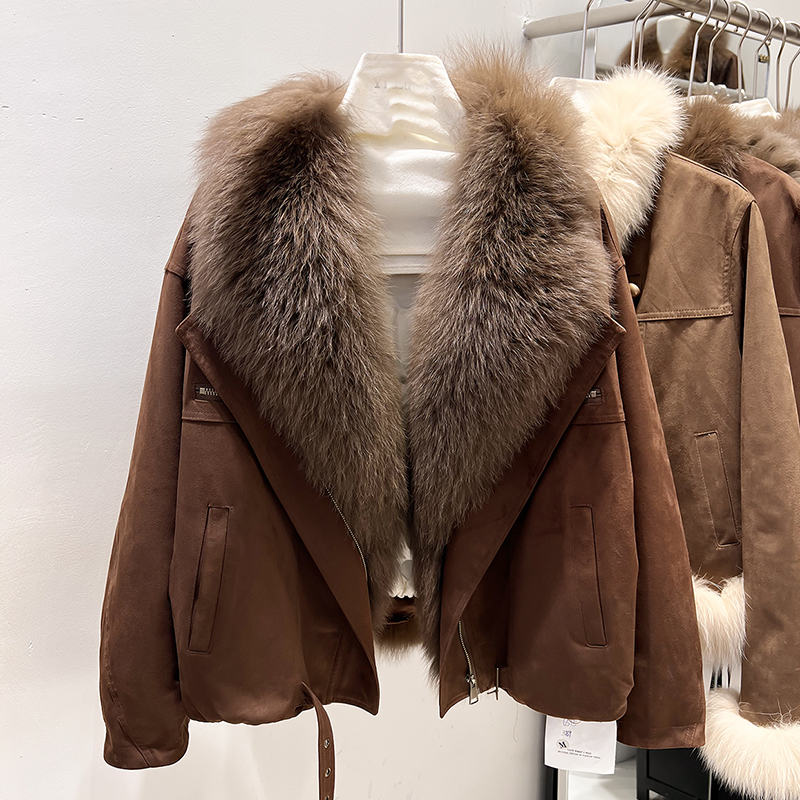 大翻领毛领可拆卸狐狸毛皮羽绒外套