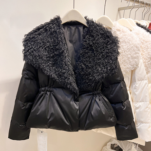 2025新款法式气质毛毛大翻领收腰抽绳加厚短款羽绒服女冬季