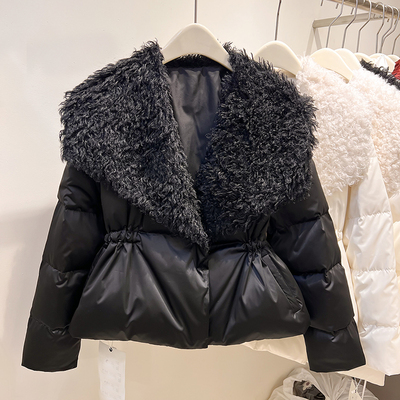 2025新款法式气质毛毛大翻领收腰抽绳加厚短款羽绒服女冬季