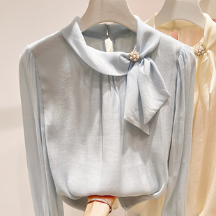 雪纺上衣女秋季 2025新款 韩国气质显瘦立领系带钉珠纯色套头长袖
