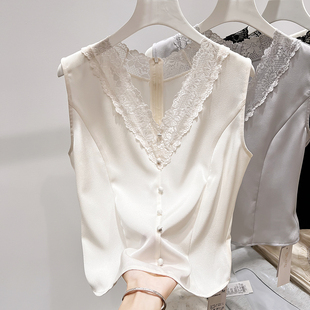 雪纺背心女秋季 气质显瘦V领花边拼接钉珠单排扣无袖 法式 2025新款