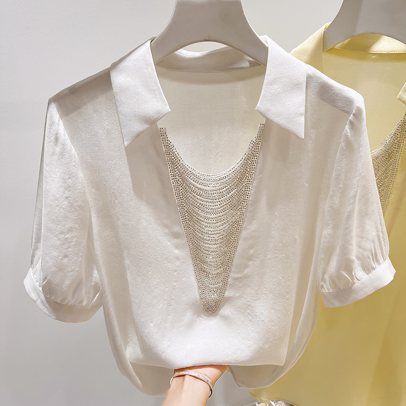 2026新款法式气质显瘦翻领开叉串珠拼接雪纺短袖衬衫女夏季薄款