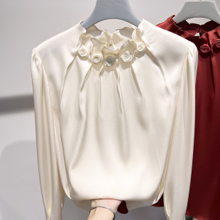 女秋季 雪纺衫 气质显瘦立领褶皱立体花朵纯色套头长袖 2024新款