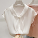雪纺衬衫 气质显瘦V领欧根纱拼接钉珠纯色套头短袖 夏 法式 2025新款